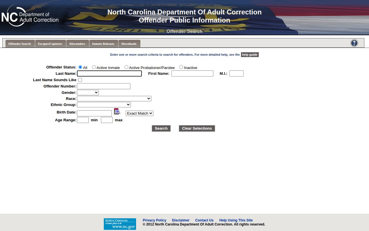 North Carolina Department of Adult Correction offender search page