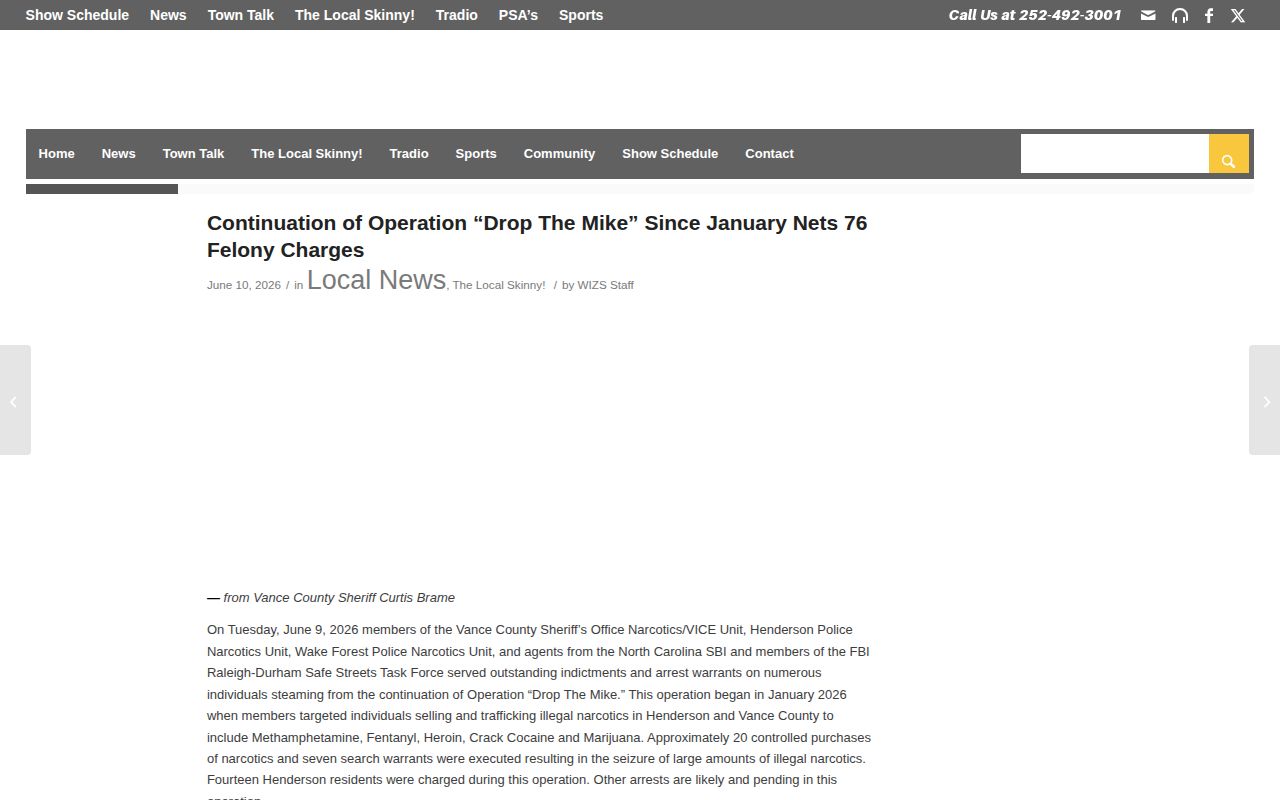 WIZS Vance County arrest coverage source page